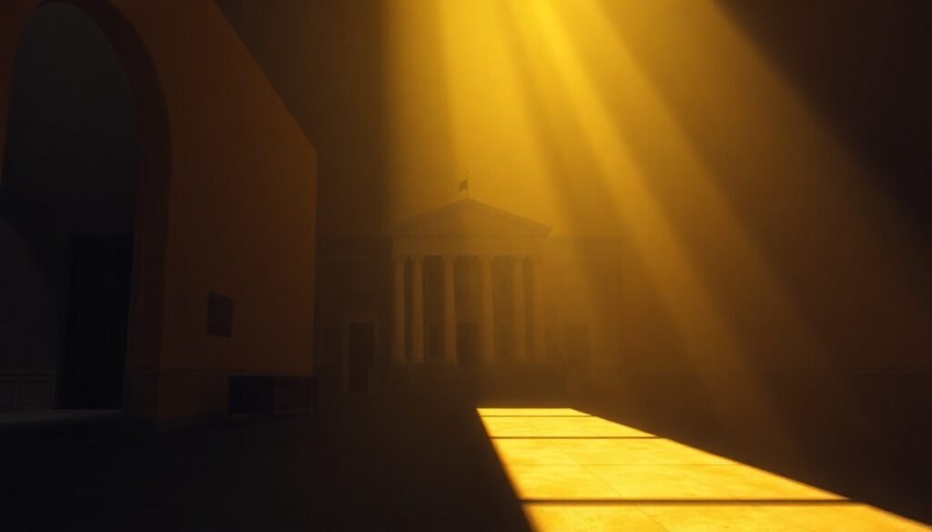 A dimly lit, cinematic painting of a government office or political building, with warm sunlight streaming through the windows and deep shadows casting an air of solemnity and contemplation.