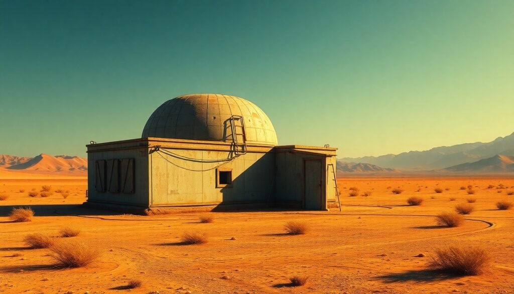 A cinematic painting of a lone, weathered missile silo in a desert setting, with warm sunlight casting deep shadows across the structure, conceptually representing the geopolitical tensions surrounding military cooperation between China and Iran.