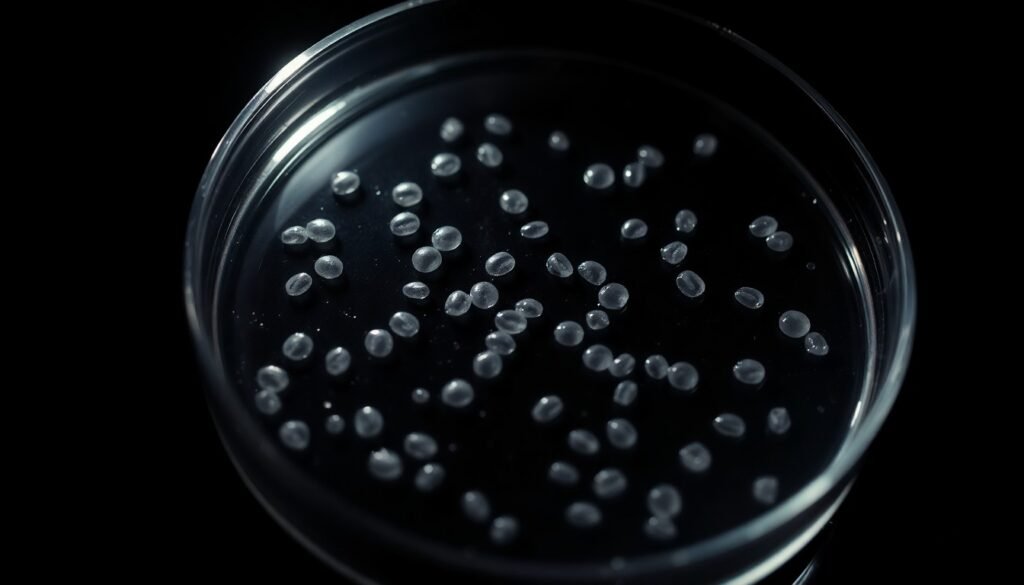 An extreme close-up photograph of a petri dish containing E. coli bacteria, the harsh lighting and stark black background creating a gritty, investigative aesthetic that conceptually represents the biosecurity risks of illegally transporting hazardous biological materials.