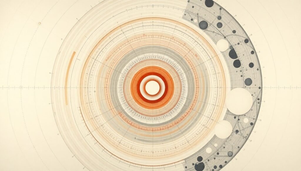 A highly structured abstract painting featuring sweeping geometric arcs, concentric circles, and precise botanical spirals in soft, flat colors against a clean background, conceptually representing the complex forces and concepts of biomedicine and artificial intelligence.