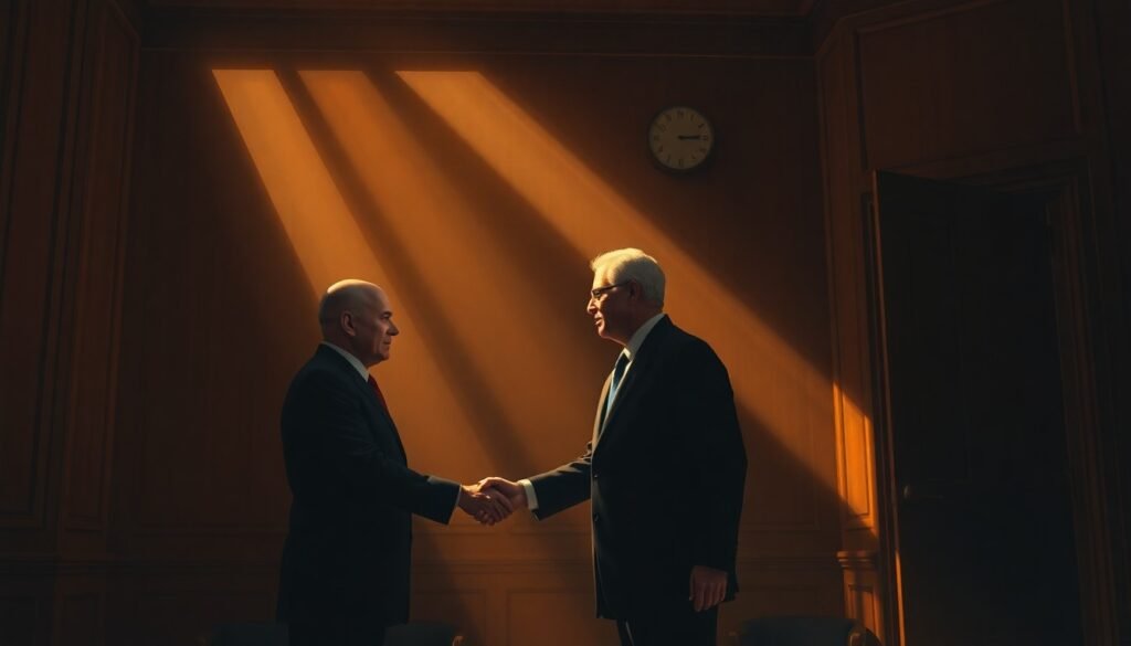 A moody, cinematic painting depicting two men in suits shaking hands in a dimly lit, wood-paneled room, with warm sunlight streaming in through a window and creating deep shadows across the scene.