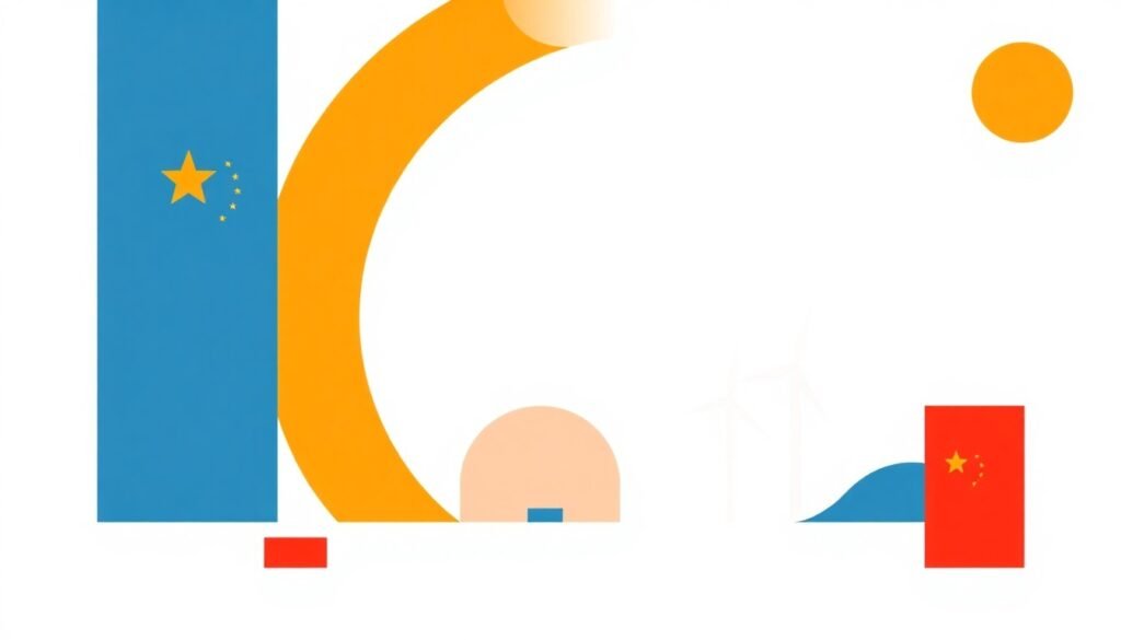 A vibrant abstract illustration featuring interlocking geometric shapes in shades of blue, red, and yellow, conceptually representing China's dominant position in the clean energy industry as the world shifts away from fossil fuels.