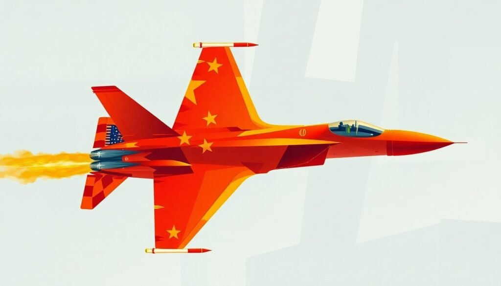 A fractured, abstract painting of a Chinese fighter jet in mid-flight, its silhouette repeated and overlapping in waves of bright red, orange, and yellow colors, conveying a sense of escalating tensions and conflict.