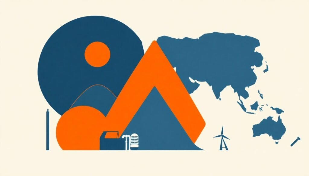 An abstract geometric illustration using bold blue, orange, and grey shapes to conceptually represent the interconnected economic and geopolitical forces shaping China's response to the global energy crisis.