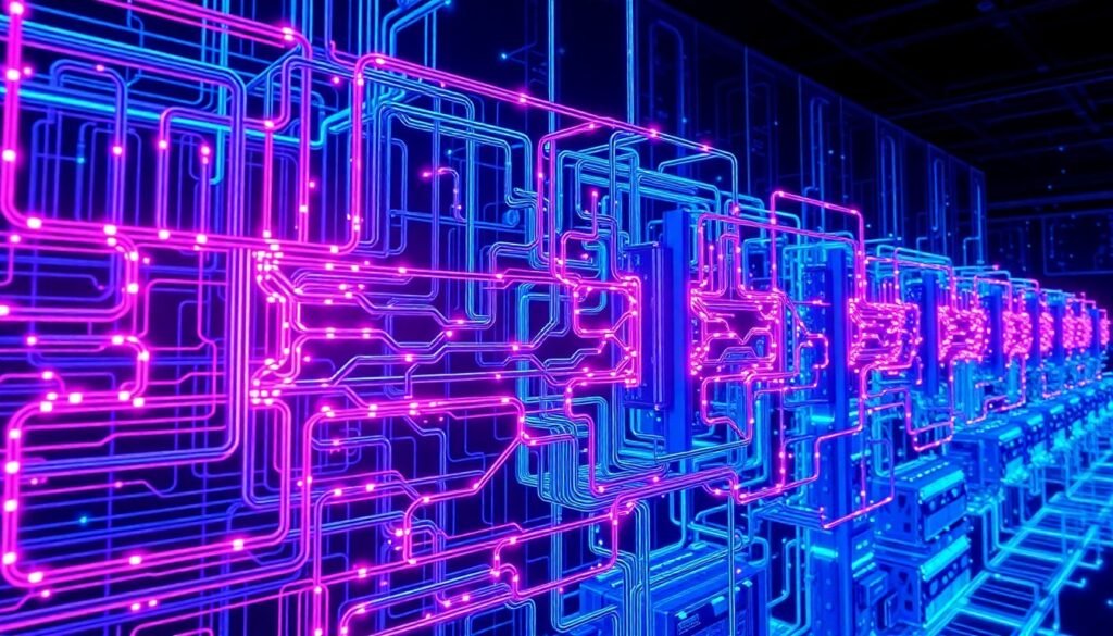 A highly detailed, glowing 3D illustration of a complex network of interconnected circuits, cables, and data servers in shades of neon blue, purple, and magenta, conceptually representing the advanced digital infrastructure powering the global AI research community.