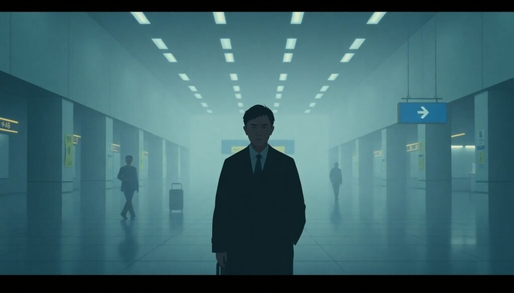 A solitary figure of a Chinese scholar standing alone in a dimly lit airport terminal, their face partially obscured by shadows, conveying a sense of unease and uncertainty through the use of muted colors and a cinematic, nostalgic style.