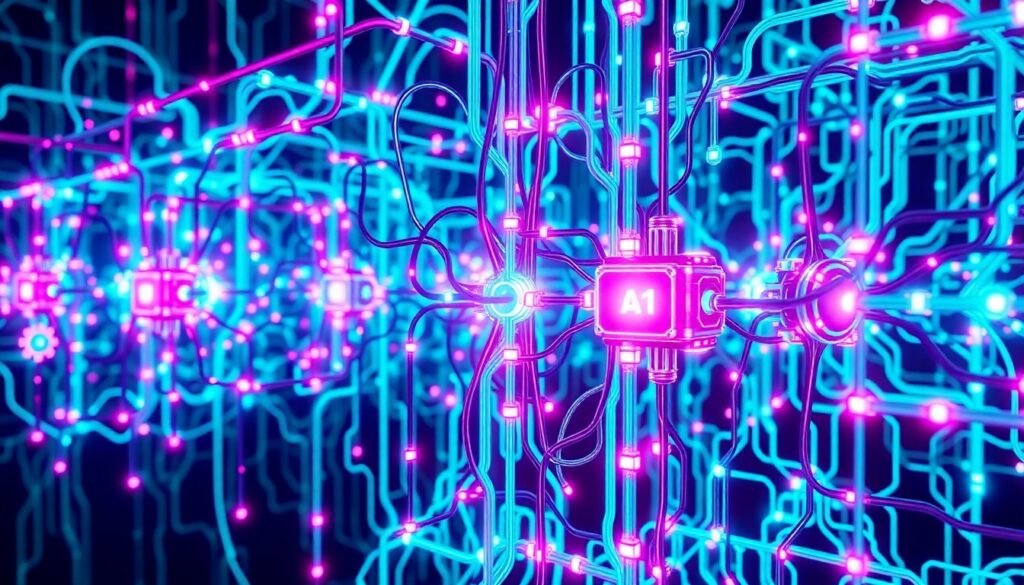 A highly detailed, glowing 3D illustration of a complex, futuristic AI neural network architecture in shades of neon cyan and magenta, conveying the power and complexity of AI technology.