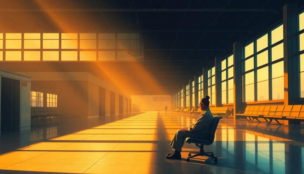 A photorealistic painting of a lone Chinese person sitting in an empty airport terminal, the space bathed in warm, diagonal sunlight and deep shadows, capturing a sense of isolation and unease.