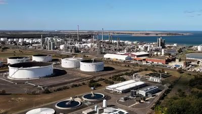 An aerial photo taken on April 4, 2026 shows the Geelong Oil Refinery, one of two oil refineries remaining in Australia. (AFP)