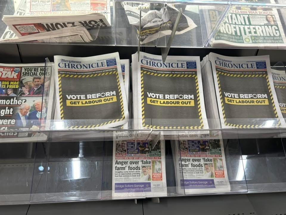Reform UK takes out cover wrap on local newspaper vowing to 'control immigration'