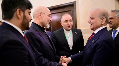 File photo of Pakistani Prime Minister Shehbaz Sharif with Iranian Parliament Speaker Mohammad Bagher Ghalibaf during Islamabad peace talks last weekend. (Photo for representation) (via REUTERS)