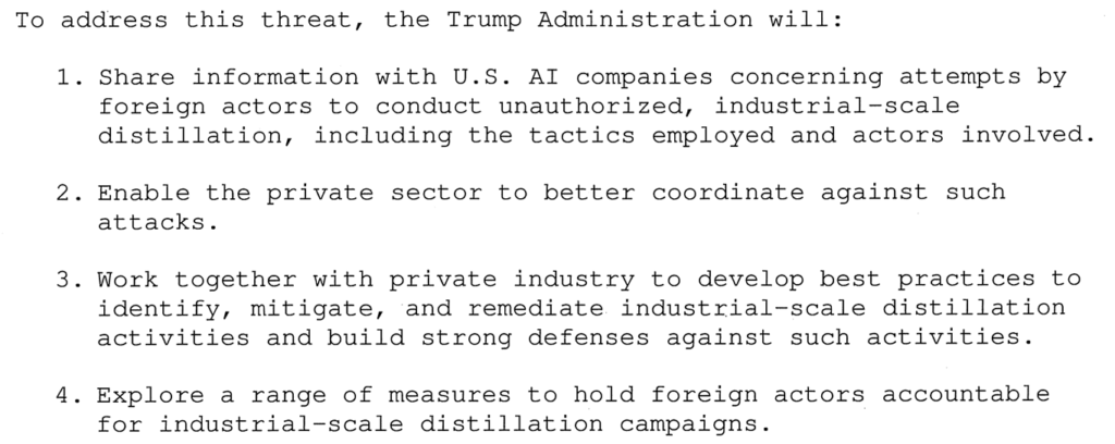 A section of a memorandum titled 'Adversarial Distillation of American AI Models' laying out how the Trump administration plans to deal with the threat.