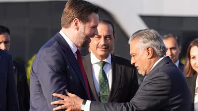 US Vice President JD Vance (C) shakes hands with Pakistani Deputy Prime Minister and Foreign Minister Mohammad Ishaq Dar (3rd R), as Pakistan's Chief of Defence Forces Chief of Army Staff Field Marshall Asim Munir (centre R) look on. (AFP)
