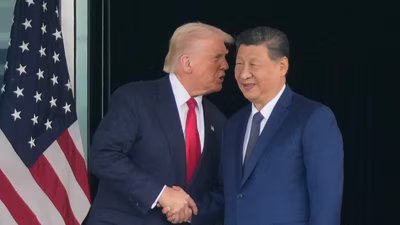 President Donald Trump and Chinese President Xi Jinping shake hands after their US-China summit meeting at Gimhae International Airport in Busan, South Korea on October 30, 2025. (AP)
