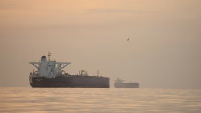 Tankers anchored in the Strait of Hormuz off the coast of Qeshm Island, Iran. (AP)