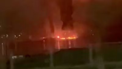 Smoke and flames rise following a drone attack in Novorossiysk, Russia, in this screengrab obtained from a video released on April 5, 2026. (Reuters)