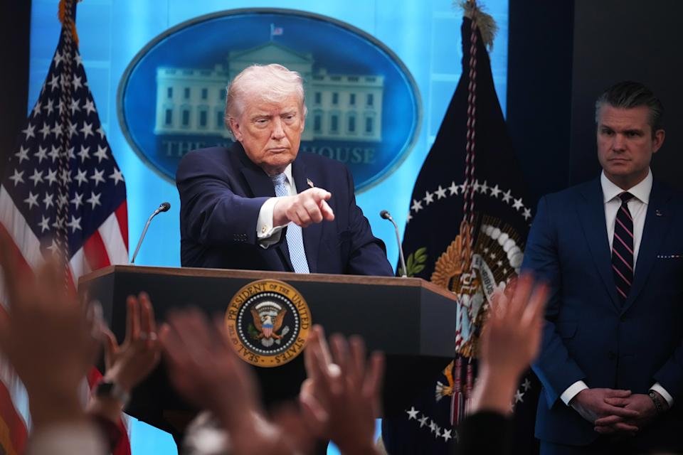 UNITED STATES - APRIL 6: President Donald Trump and Defense Secretary Pete Hegseth conduct a news conference in the White House briefing room about the war in Iran on Monday, April 6, 2026. (Tom Williams/CQ-Roll Call, Inc via Getty Images)