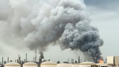 Smoke rises following a strike on the Bapco Oil Refinery, amid the US-Israeli conflict with Iran, on Sitra Island Bahrain. (REUTERS)