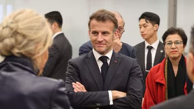 French President Emmanuel Macron attends the inauguration of the Centre Pompidou Hanwha in Seoul on April 3 (AFP)