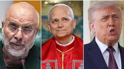 Iran's Parliamentary Speaker (far left) showed support for Pope Leo XIV (centre) amid the ongoing war with US (Wires)