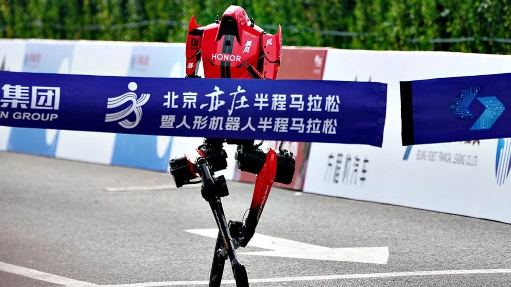 A robot crossing the finish line at a marathon event in Beijing
