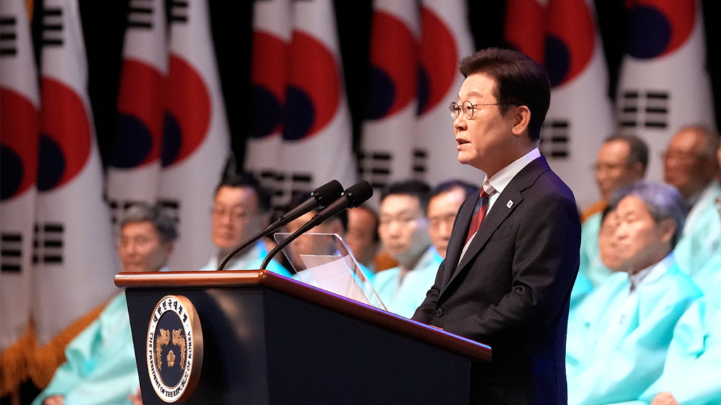South Korean President Lee Jae Myung speaking at a ceremony in Seoul