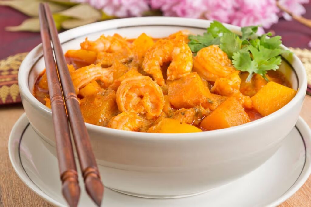 "Thai red curry with king prawn, mango and pumpkin."