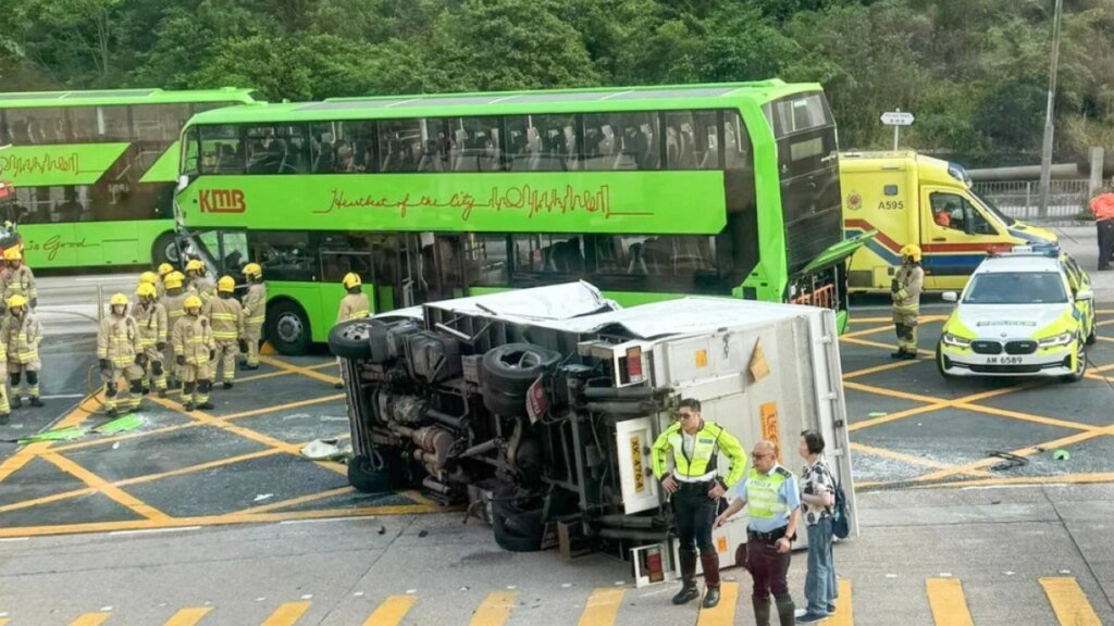 10 injured in truck-bus crash outside Hong Kong shopping centre