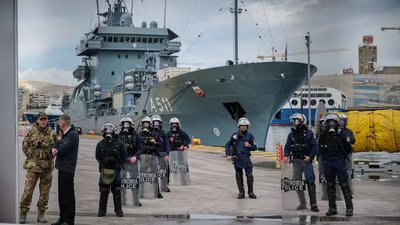 Protesters chant slogans during a demonstration as part of a port workers strike called by the Greek labour union in Piraeus, near Athens on February 6, 2026 (AFP FILE)