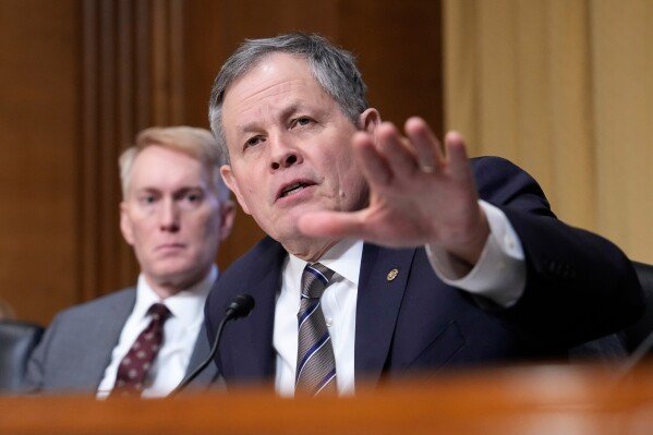 Sen. Steve Daines, R-Mont., speaks at the Senate Finance Committee confirmation hearing for Scott Bessent, President-elect Donald Trump's choice to be Secretary of the Treasury, at the Capitol in Washington, Jan. 16, 2025. (AP Photo/Ben Curtis, File)