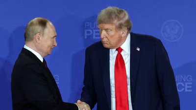 Vladimir Putin and Donald Trump in Anchorage, Alaska, Aug. 15, 2025.